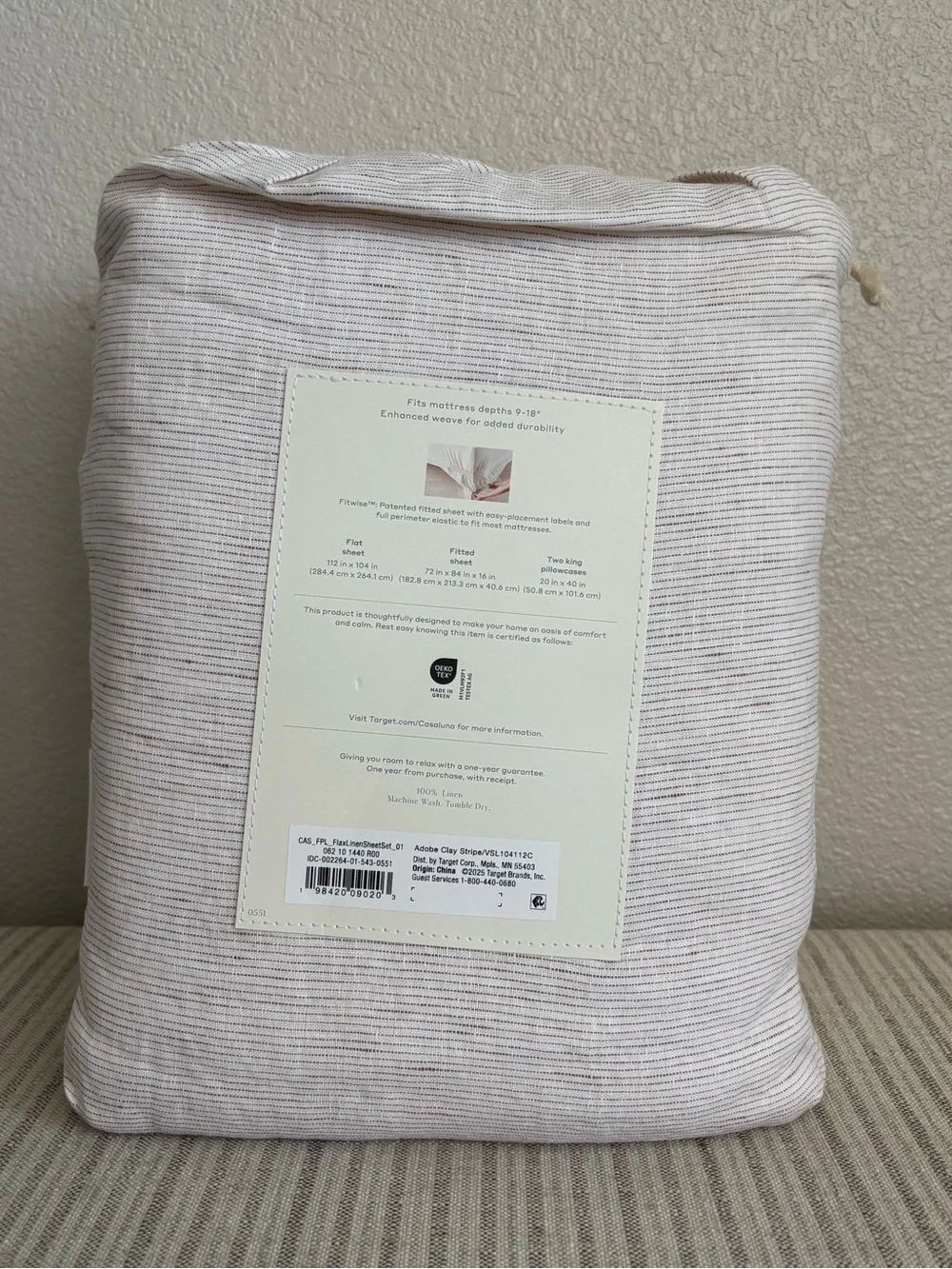 NWT California King 100% Linen Sheet Set Adobe Clay Micro Stripe - Casaluna